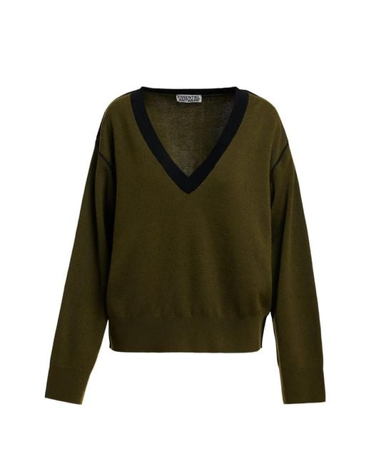 Essentiel Antwerp Green Dropped-Shoulder V-Neck T-Shirt