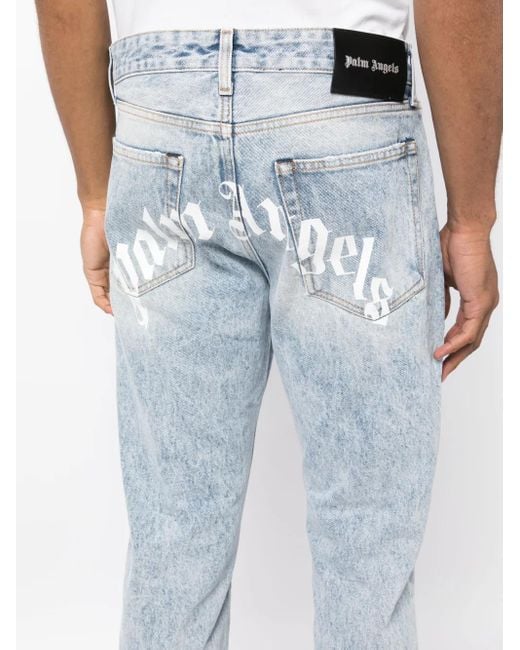 Palm Angels Blue Curved-logo Print Jeans for men