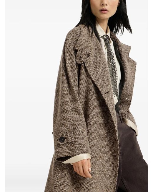 Brunello Cucinelli Natural Sparkling Virgin Wool Chevron Belted Coat With Monili