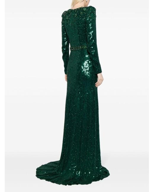 Jenny Packham Green Georgia Sequined Long-sleeve Gown