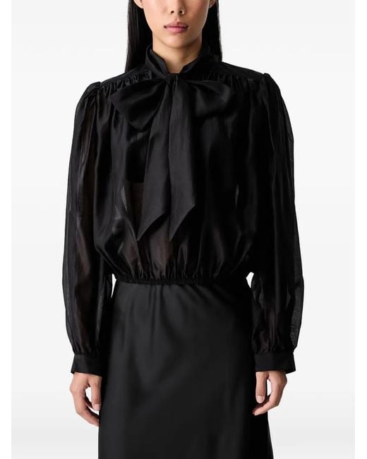 ViCOLO Black Pussy-Bow Sheer-Finish Blouse
