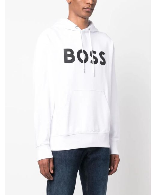 Boss White Logo Patch Hoodie for men