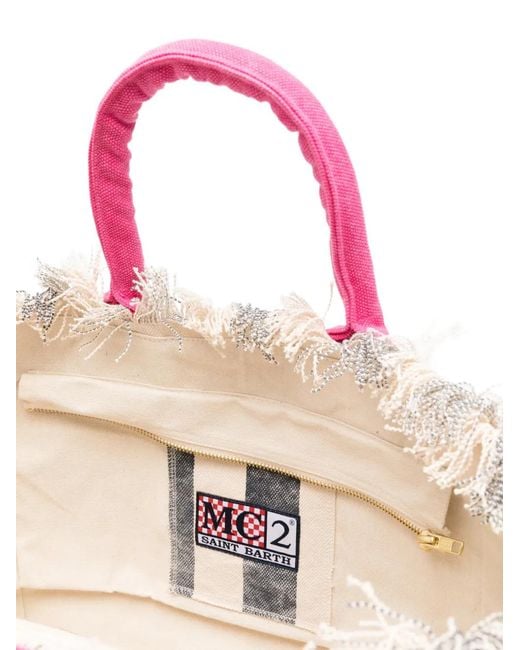 Mc2 Saint Barth Pink Vanity Striped Frayed-Edge Beach Bag