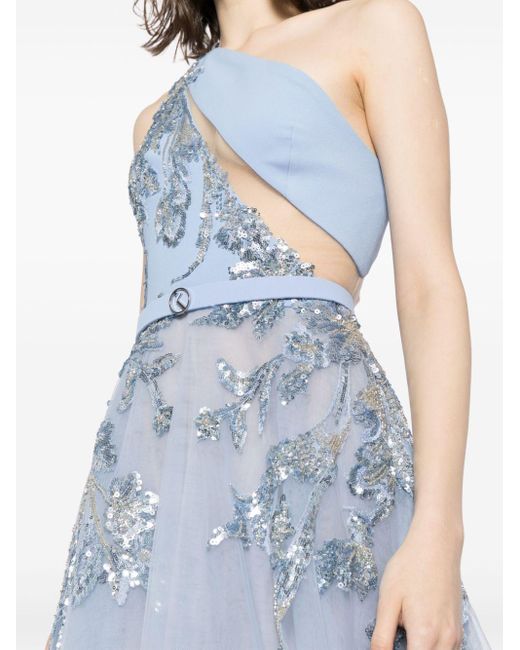 Saiid Kobeisy Blue One-Shoulder Beaded Gown