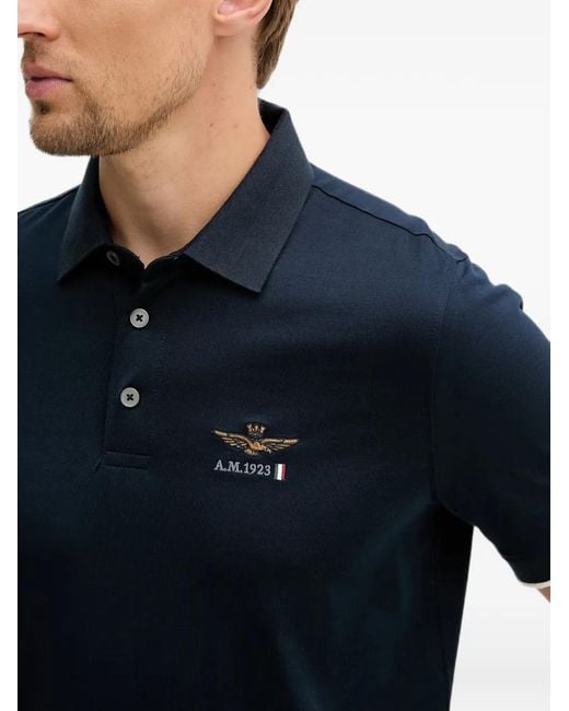 Aeronautica Militare Blue Logo-Embroidered Short-Sleeve Polo Shirt for men