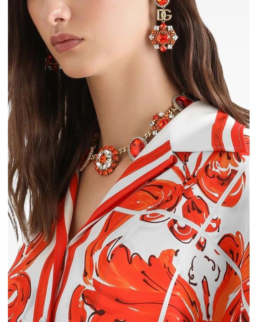 Dolce & Gabbana Red Majolica-Print Charmeuse Shirt With Feather Trim