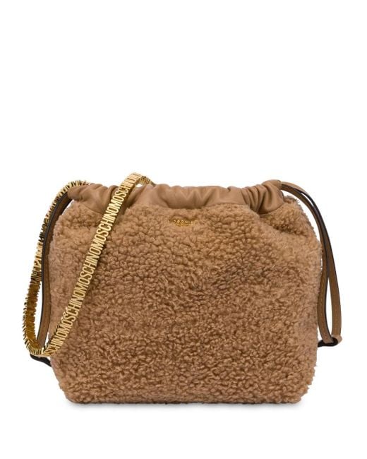 Moschino Brown Logo-Lettering Faux-Shearling Shoulder Bag