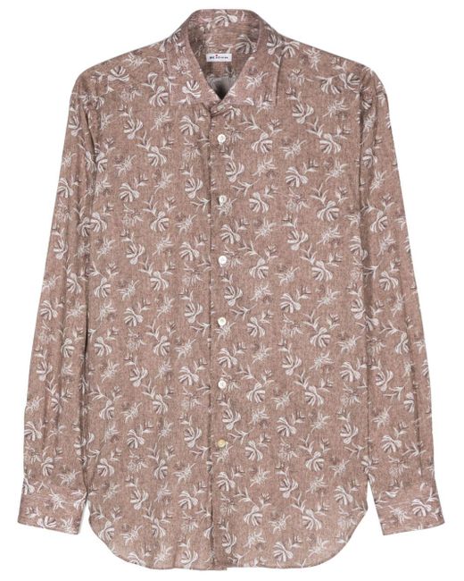 Kiton Brown Leaf-print Poplin Shirt for men