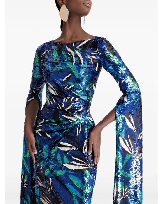 Gemy Maalouf Blue Patterned Sequin-Details Maxi Dress