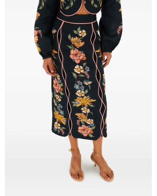 Farm Rio Black Floral-Embroidered Midi Skirt