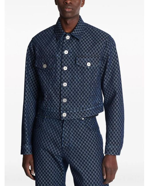 Balmain Blue Monogram-Jacquard Denim Jacket for men