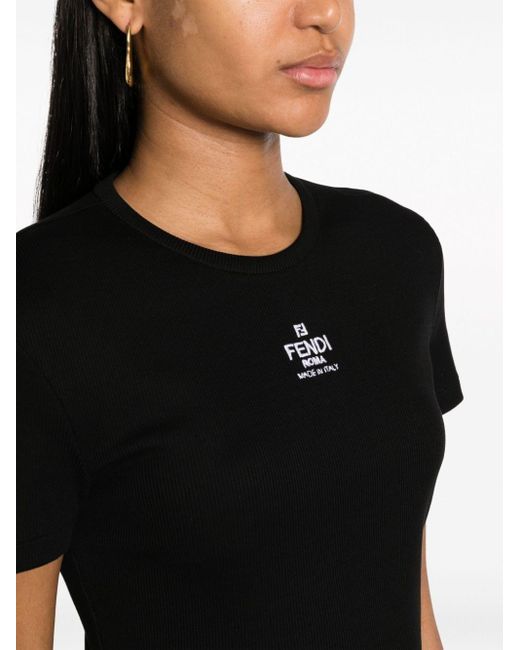 Camiseta corta con logo bordado Fendi de color Black