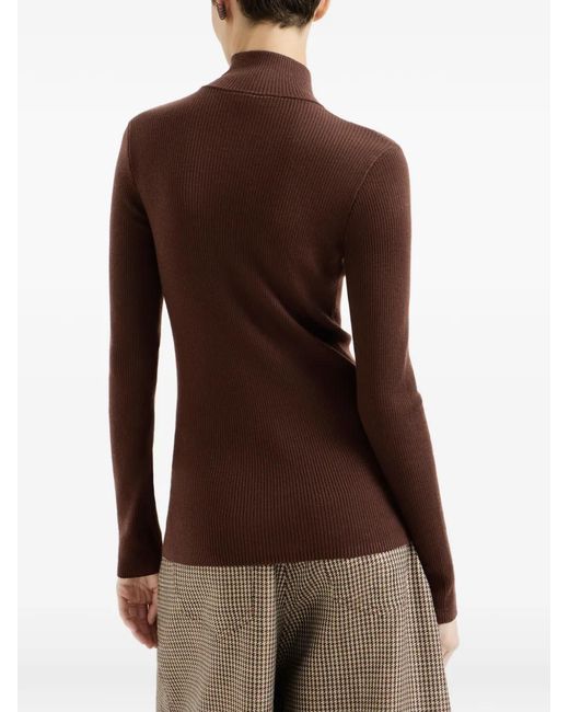 Brunello Cucinelli Brown Virgin Wool And Cashmere Lightweight Ribbed Turtleneck Sweater With Precious Half-Zip