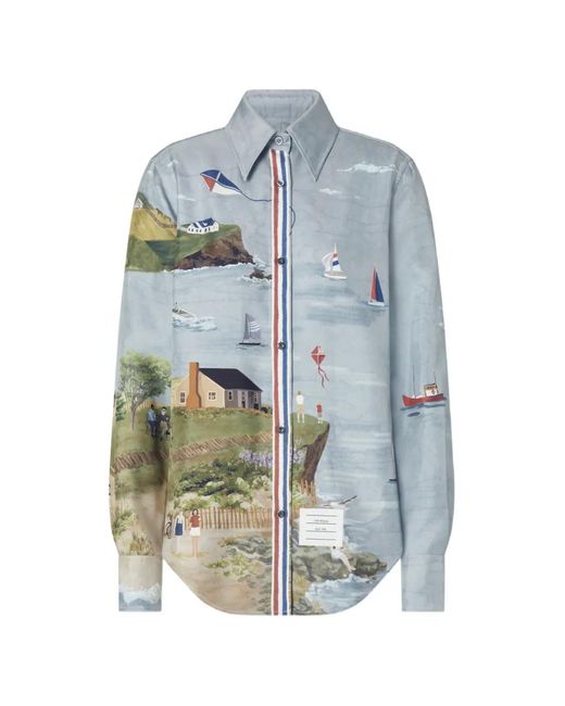 Thom Browne Blue Nantucket Scenic-Print Silk Shirt