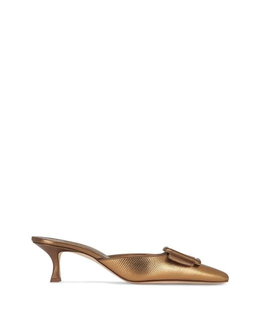 Manolo Blahnik Metallic Square Buckle Mules