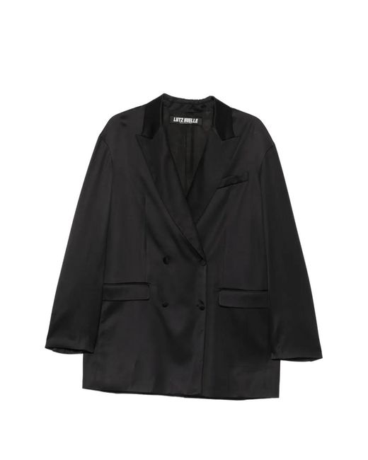 Lutz Huelle Black Hero Double-Breasted Satin-Finish Blazer