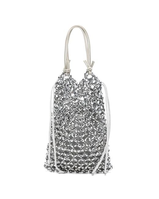 Staud White Karla Beaded-Mesh Drawstring Tote Bag