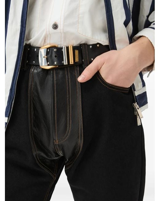 Versace Black Denim & Leather Straight Jeans for men