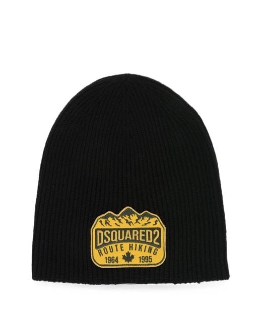 DSquared² Black Logo-Patch Ribbed-Knit Beanie Hat for men