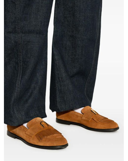 Furla Brown Chic Fringe-Detail Loafers
