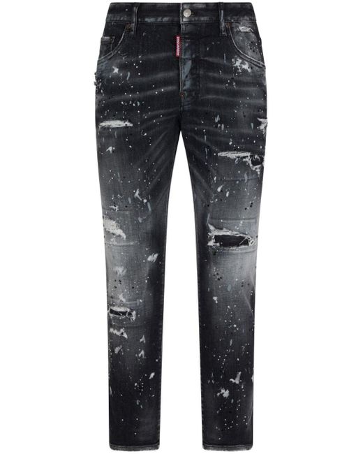 DSquared² Blue Ripped Paint-splatter Jeans for men