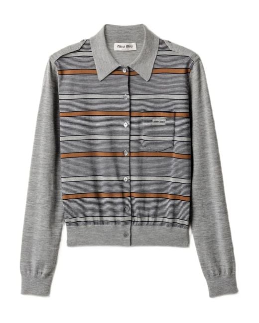 Miu Miu Gray Gestreifter Cardigan Mit Knöpfen