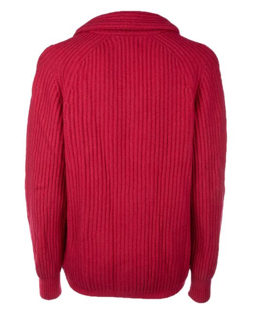 Laneus Red Ribbed Shawl-Collar Cardigan for men