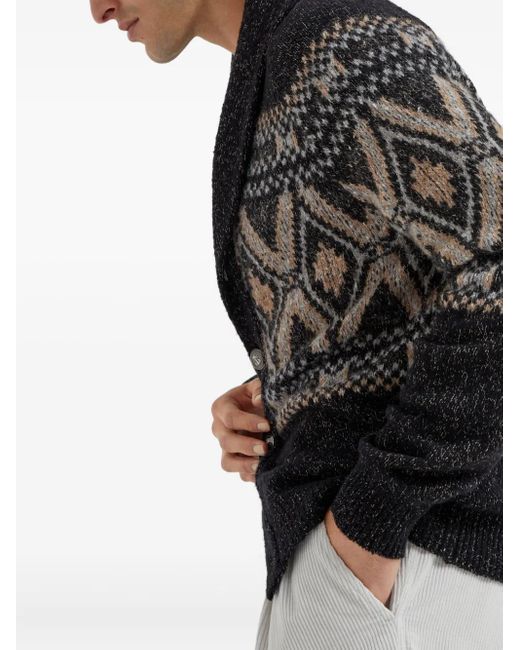 Brunello Cucinelli Black Shawl-Collar Patterned Cardigan for men