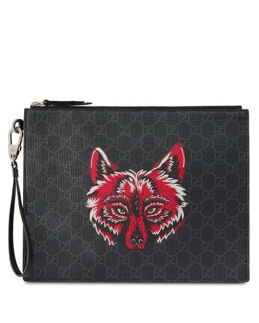 Gucci GG Supreme Pouch With Wolf in Black for Men | Lyst