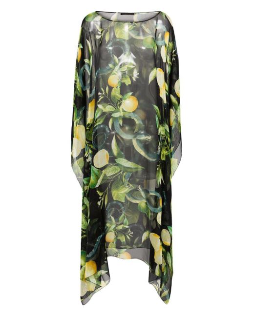 Roberto Cavalli Green Lemon-print Silk Beach Dress