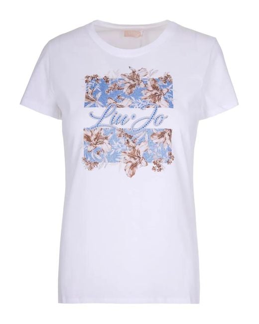 Liu Jo White Printed T-Shirt With Rhinestones