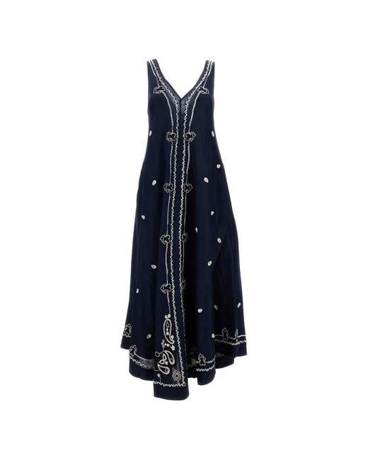 P.A.R.O.S.H. Blue Intricately Embroidered A-Line Linen Dress