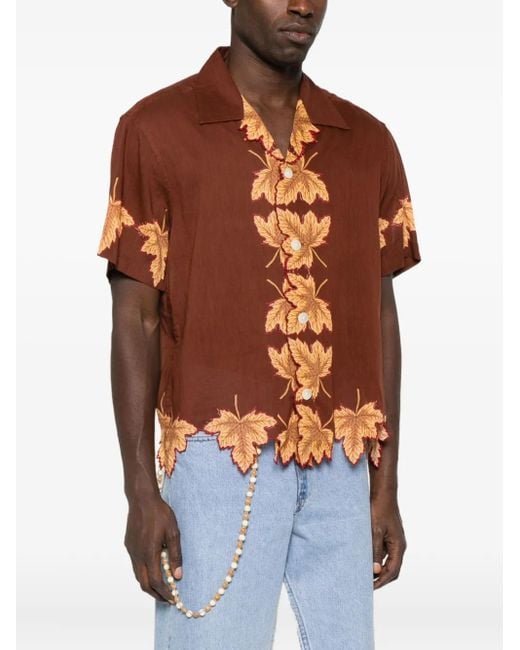 Bode Brown Leaf-Print Scalloped Shirt for men