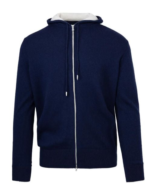 Eleventy Blue Hooded Zip-Up Cashmere Sweater for men