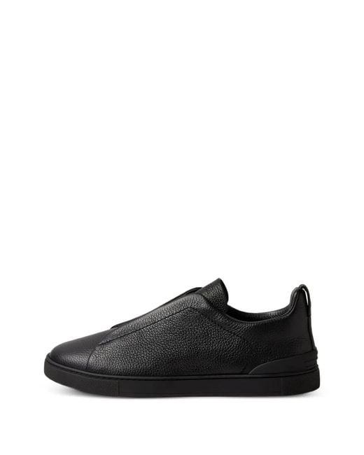 Zegna Black Leather Triple Stitch Sneakers for men