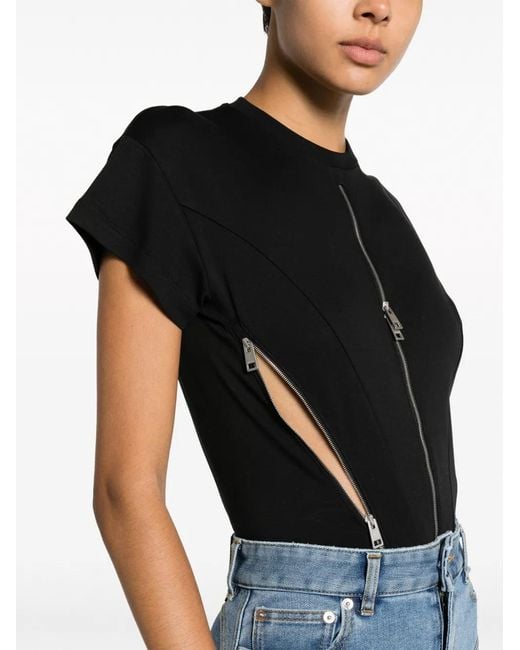 Mugler Black Zip-Detail Short-Sleeve Bodysuit