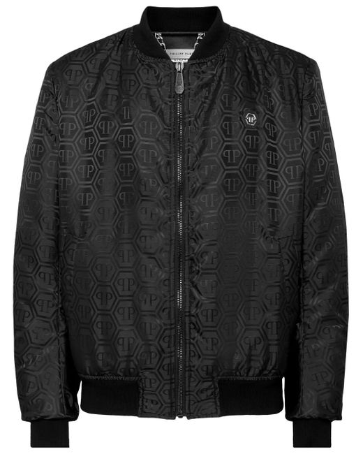 Philipp Plein Black Monogram-Jacquard Bomber Jacket for men