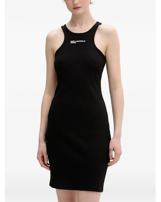 Karl Lagerfeld Black Ribbed-Knit Logo-Embroidered Mini Dress