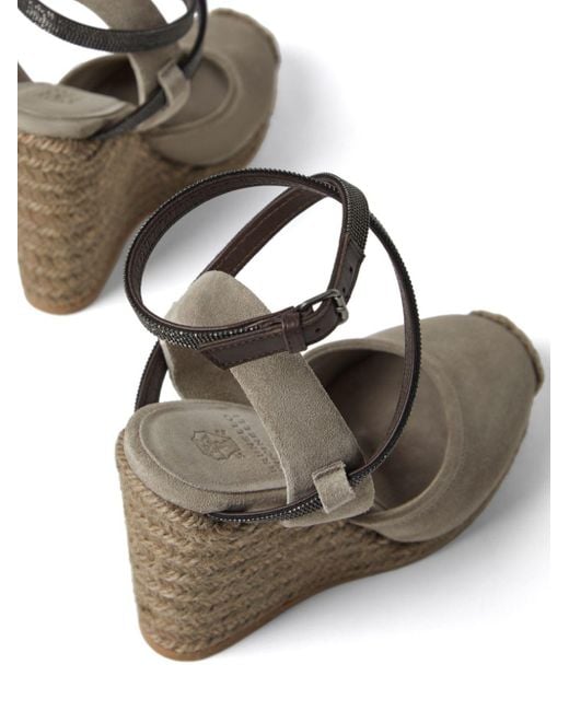 Brunello Cucinelli Metallic Monili-embellished Suede Wedge Sandals