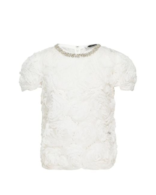 Self-Portrait White Rosette-Embellished Sequined Top