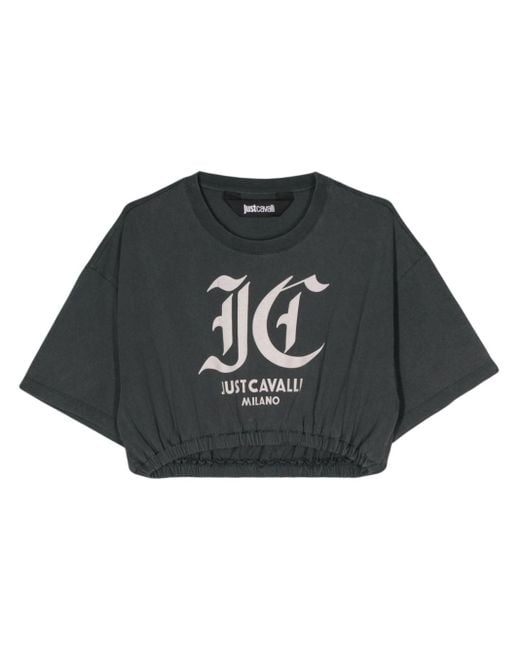 Just Cavalli Black Cropped-T-Shirt mit Logo-Print