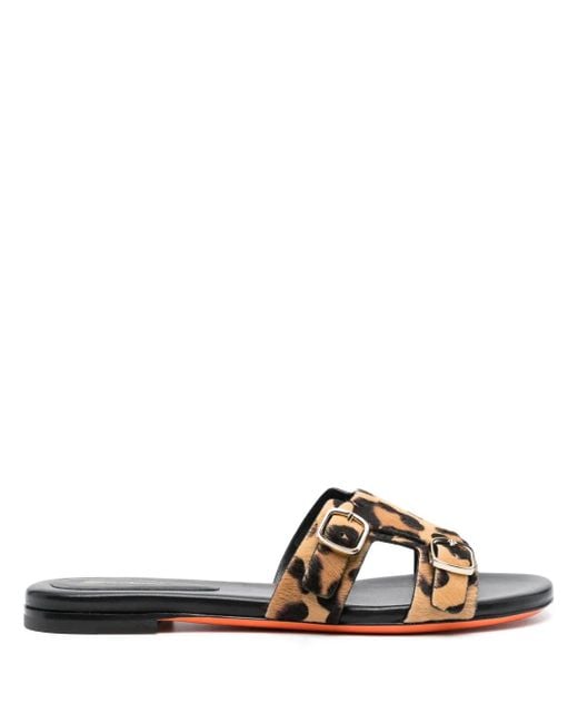 Santoni Brown Leopard-Print Double-Buckle Slides
