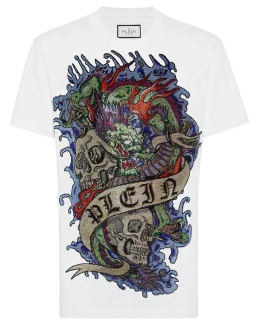 Philipp Plein White Tattoo-Print Cotton T-Shirt for men