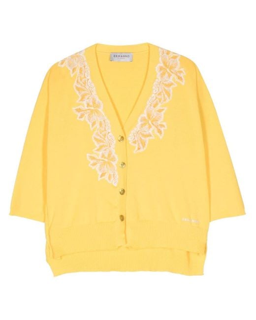 ERMANNO FIRENZE Yellow Floral-embroidered Knitted Cardigan