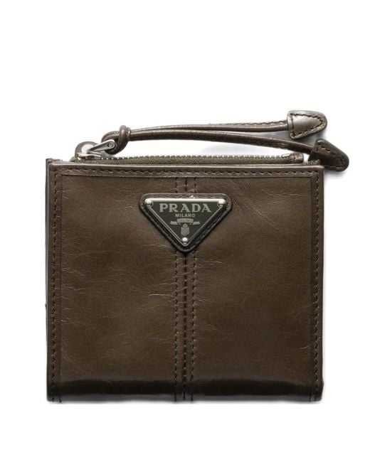 Prada Brown Triangle Logo Zip Leather Wallet for men