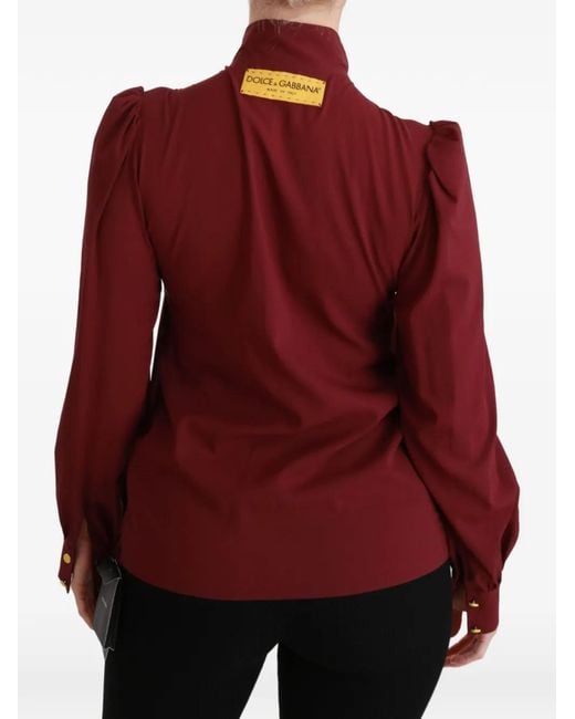 Dolce & Gabbana Red Bow-Tie Puff-Sleeve Blouse
