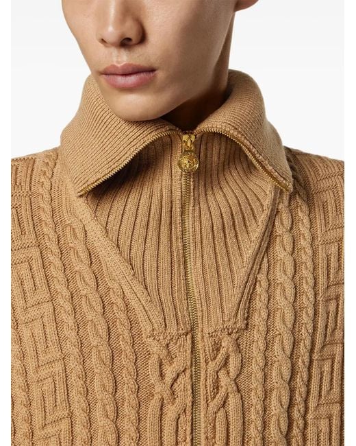 Versace Natural Embroidered Wool Knit Zip Sweater for men