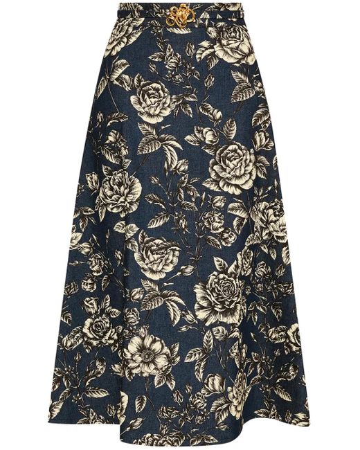 Oscar de la Renta ローズプリント デニムスカート Black