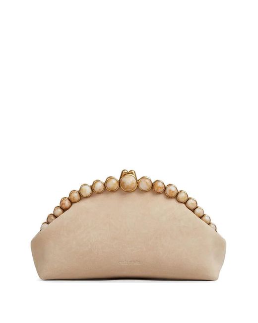 Cult Gaia Natural Bead-Embellished Suede Clutch Bag