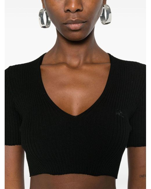 Courreges Black Ribbed-knit Cropped T-shirt